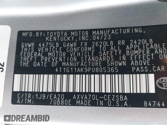 2023 Toyota Camry SE z VIN 4T1G11AK9PU805365, wystawiony jako IAAI lot #40647197 z przebiegiem 18 643 mil mil oraz . Historia ofert i sprzedaży dostępna na DreamBid. Obrazek 9.