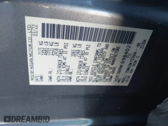 2022 Nissan Rogue SV with VIN 5N1BT3BB9NC698402, listed as a IAAI auction lot 41703839 with 24,322 mi miles and . Bid and sale history available at DreamBid. Image 9.