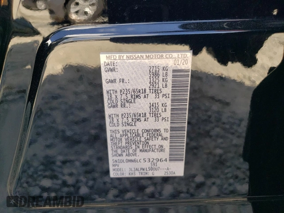2020 Infiniti QX60 Pure with VIN 5N1DL0MN6LC532964, listed as a Copart auction lot 74000484 with 59,676 mi miles and Salvage Title. Bid and sale history available at DreamBid. Image 13.