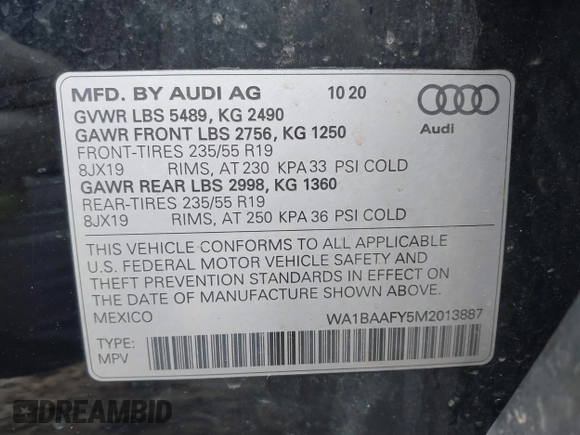 2021 Audi Q5 Premium Plus with VIN WA1BAAFY5M2013887, listed as a IAAI auction lot 41569563 with 79,663 mi miles and . Bid and sale history available at DreamBid. Image 9.