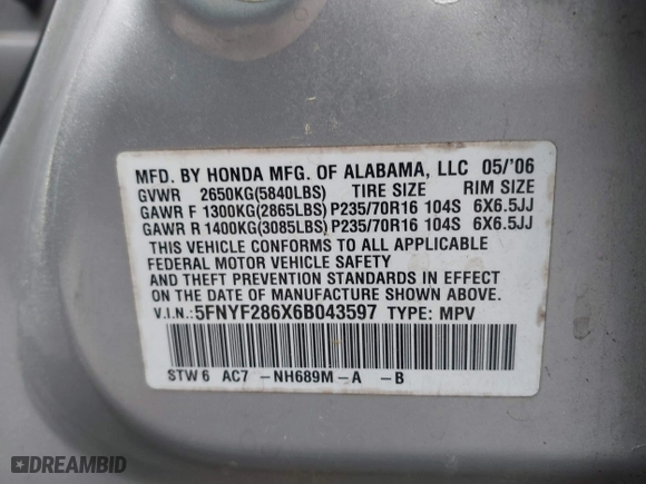 2006 Honda Pilot EX-L with RES with VIN 5FNYF286X6B043597, listed as a IAAI auction lot 41940460 with 325,118 mi miles. Bid and sale history available at carsss.com. Image 9.