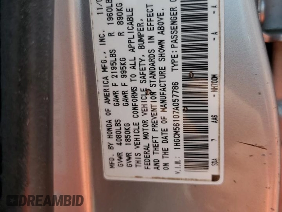 2007 Honda Accord VP z VIN 1HGCM56107A057786, wystawiony jako Copart lot #60634665 z przebiegiem 167 344 mil mil oraz Szkoda całkowita • Salvage title. Historia ofert i sprzedaży dostępna na DreamBid. Obrazek 12.