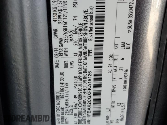 2015 Ford Transit Passenger XL with VIN 1FBAX2CGXFKA15126, listed as a Copart auction lot 84225534 with 134,178 mi miles and Salvage title. Bid and sale history available at DreamBid. Image 14.