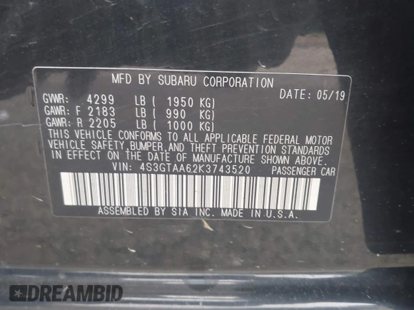 2019 Subaru Impreza with VIN 4S3GTAA62K3743520, listed as a IAAI auction lot 42485321 with 75,736 mi miles and . Bid and sale history available at DreamBid. Image 9.