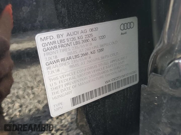 2021 Audi Q3 S line Premium with VIN WA1DECF31M1014280, listed as a Copart auction lot 51998905 with 36,471 mi miles and Salvage title. Bid and sale history available at DreamBid. Image 15.