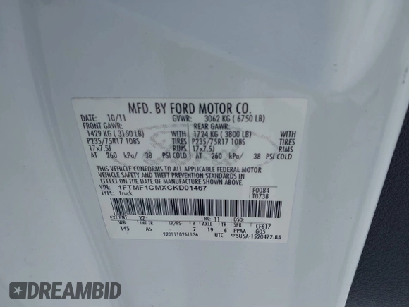 2012 Ford F-150 XL with VIN 1FTMF1CMXCKD01467, listed as a IAAI auction lot 41565658 with 103,028 mi miles. Bid and sale history available at carsss.com. Image 9.