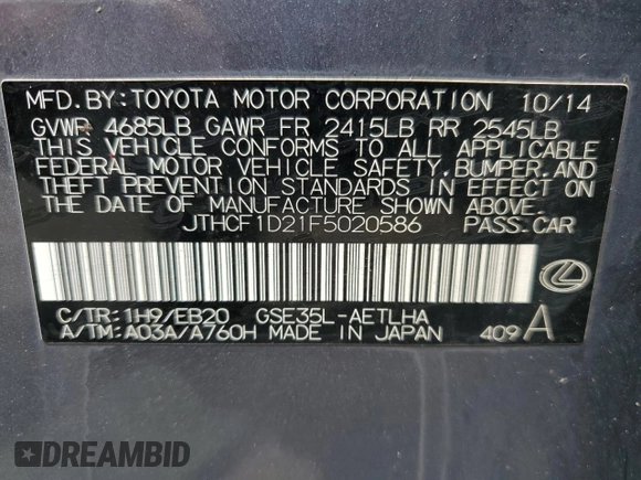 2015 Lexus IS 250 with VIN JTHCF1D21F5020586, listed as a Copart auction lot 60641525 with 156,302 mi miles and Salvage title. Bid and sale history available at DreamBid. Image 13.