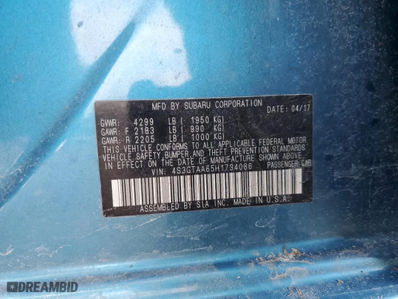 2017 Subaru Impreza with VIN 4S3GTAA65H1734086, listed as a Copart auction lot 88859165 with 0 mi miles and Salvage Title. Bid and sale history available at carsss.com. Image 13.