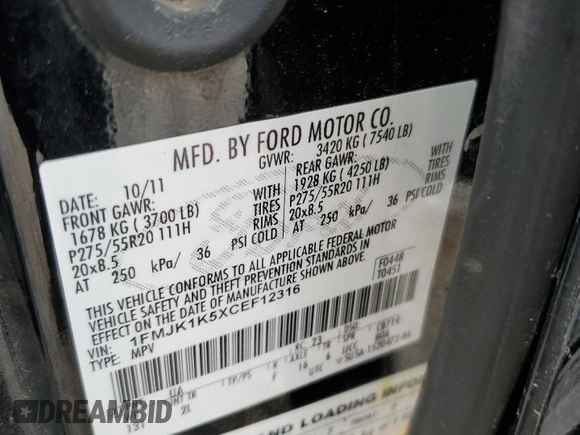 2012 Ford Expedition Max Limited z VIN 1FMJK1K5XCEF12316, wystawiony jako Copart lot #56206925 z przebiegiem 132 424 mil mil oraz Szkoda całkowita • Salvage title. Historia ofert i sprzedaży dostępna na DreamBid. Obrazek 13.