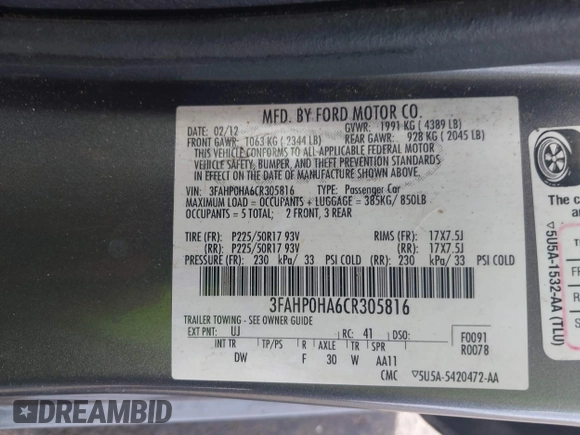 2012 Ford Fusion SE with VIN 3FAHP0HA6CR305816, listed as a IAAI auction lot 42041656 with 275,172 mi miles. Bid and sale history available at carsss.com. Image 9.