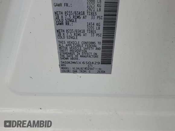2018 Nissan Pathfinder S with VIN 5N1DR2MN5JC650429, listed as a Copart auction lot 61852235 with 121,757 mi miles and Clean title. Bid and sale history available at DreamBid. Image 13.