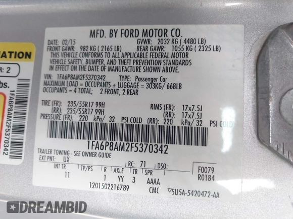 2015 Ford Mustang V6 with VIN 1FA6P8AM2F5370342, listed as a IAAI auction lot 42065605 with 141,569 mi miles and . Bid and sale history available at DreamBid. Image 9.