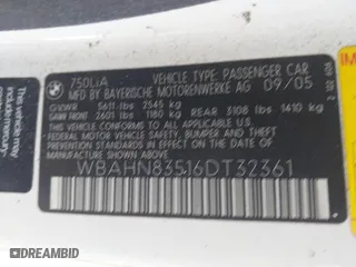 2006 BMW 7 Series 750Li with VIN WBAHN83516DT32361, listed as a IAAI auction lot 41973491 with 170,428 mi miles. Bid and sale history available at carsss.com. Image 9.