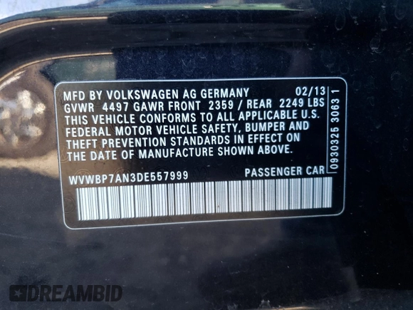 2013 Volkswagen CC Sport z VIN WVWBP7AN3DE557999, wystawiony jako Copart lot #81366564 z przebiegiem 67 923 mil mil oraz Szkoda całkowita • Salvage title. Historia ofert i sprzedaży dostępna na DreamBid. Obrazek 12.