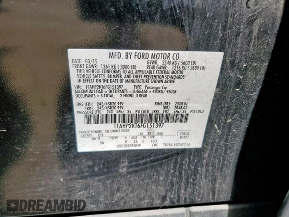 2015 Ford Taurus SHO с VIN 1FAHP2KT6FG151397, выставлен на аукционе Copart как лот 66212235 с пробегом 113 044 миль миль и Чистый • Clean title. История ставок и продаж доступна на DreamBid. Изображение 12.