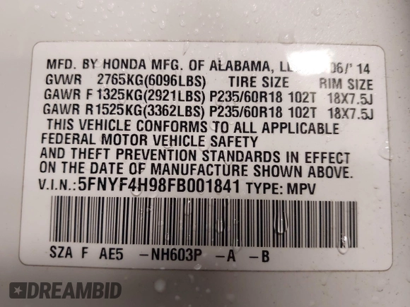 2015 Honda Pilot Touring with VIN 5FNYF4H98FB001841, listed as a IAAI auction lot 41955645 with 109,818 mi miles. Bid and sale history available at carsss.com. Image 9.