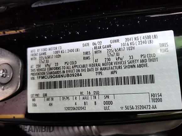 2022 Ford Escape SE с VIN 1FMCU9G68NUB09284, выставлен на аукционе IAAI как лот 42785551 с пробегом 62 716 миль миль и . История ставок и продаж доступна на DreamBid. Изображение 14.