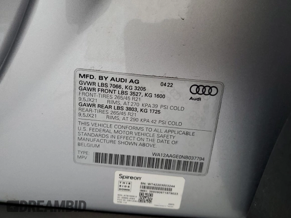 2022 Audi e-tron Sportback Premium Plus with VIN WA12AAGE0NB037794, listed as a Copart auction lot 58194185 with 17,615 mi miles and Non repairable. Bid and sale history available at DreamBid. Image 14.