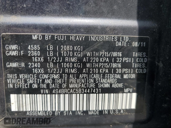 2011 Subaru Outback 2.5i with VIN 4S4BRCAC5B3447431, listed as a Copart auction lot 60684865 with 100,612 mi miles and Salvage title. Bid and sale history available at DreamBid. Image 13.