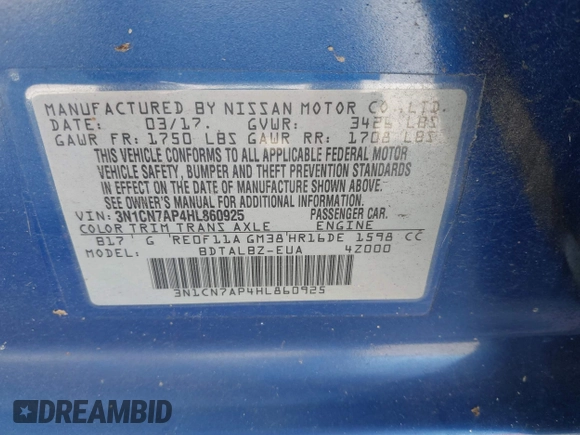 2017 Nissan Versa SV with VIN 3N1CN7AP4HL860925, listed as a IAAI auction lot 42305795 with 140,891 mi miles and . Bid and sale history available at DreamBid. Image 9.