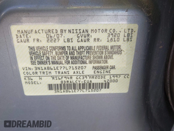 2007 Nissan Sentra 2.0 with VIN 3N1AB61E77L715207, listed as a IAAI auction lot 41836760 with Not provided miles and . Bid and sale history available at DreamBid. Image 9.