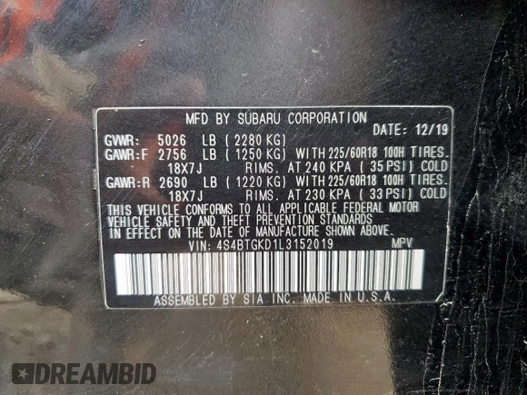 2020 Subaru Outback Onyx XT with VIN 4S4BTGKD1L3152019, listed as a Copart auction lot 57487775 with 76,307 mi miles and Clean title. Bid and sale history available at DreamBid. Image 13.