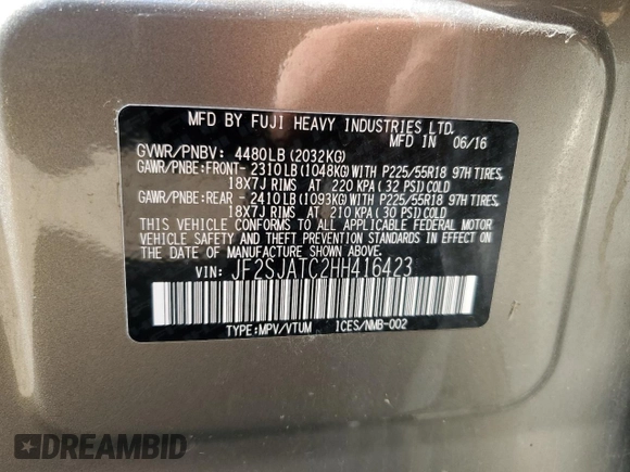 2017 Subaru Forester Touring with VIN JF2SJATC2HH416423, listed as a Copart auction lot 60541835 with 102,803 mi miles and Salvage title. Bid and sale history available at DreamBid. Image 13.