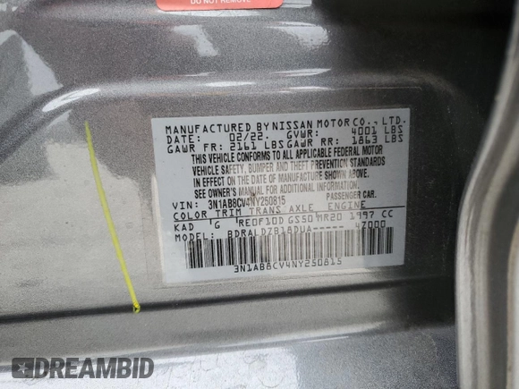 2022 Nissan Sentra SV with VIN 3N1AB8CV4NY250815, listed as a Copart auction lot 50358025 with 23,742 mi miles and Clean Title. Bid and sale history available at DreamBid. Image 12.