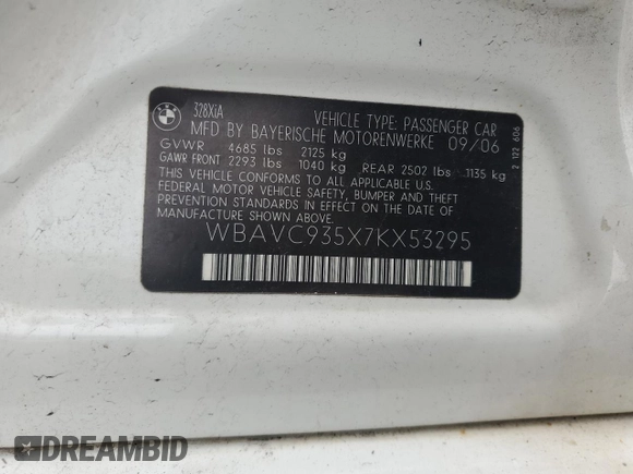 2007 BMW 3 Series 328xi with VIN WBAVC935X7KX53295, listed as a Copart auction lot 45851625 with 184,765 mi miles and Salvage Title. Bid and sale history available at carsss.com. Image 12.