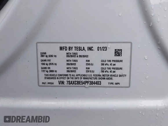 2023 Tesla Model X with VIN 7SAXCBE54PF384403, listed as a IAAI auction lot 40947187 with 16,881 mi miles and . Bid and sale history available at DreamBid. Image 9.