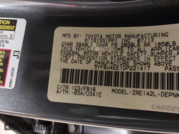 2013 Toyota Corolla L with VIN 5YFBU4EE1DP221417, listed as a IAAI auction lot 41887357 with 103,154 mi miles and . Bid and sale history available at DreamBid. Image 9.