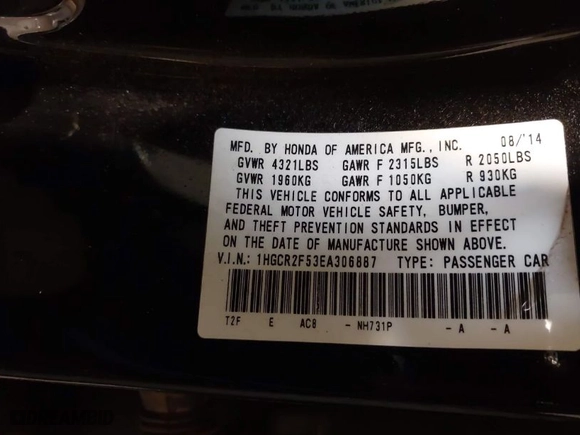 2014 Honda Accord Sedan Sport with VIN 1HGCR2F53EA306887, listed as a IAAI auction lot 41369995 with 97,506 mi miles. Bid and sale history available at carsss.com. Image 9.