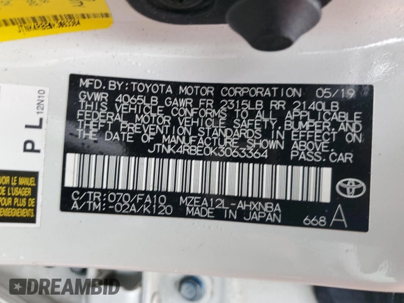 2019 Toyota Corolla Hatchback SE with VIN JTNK4RBE0K3063364, listed as a Copart auction lot 81205943 with 0 mi miles. Bid and sale history available at carsss.com. Image 12.