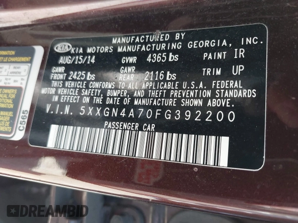 2015 Kia Optima EX with VIN 5XXGN4A70FG392200, listed as a IAAI auction lot 41922894 with 237,454 mi miles. Bid and sale history available at carsss.com. Image 9.