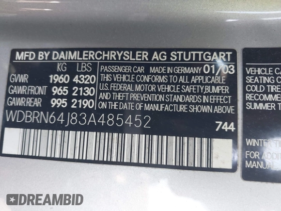 2003 Mercedes-Benz C with VIN WDBRN64J83A485452, listed as a IAAI auction lot 42043907 with 161,691 mi miles and . Bid and sale history available at DreamBid. Image 9.
