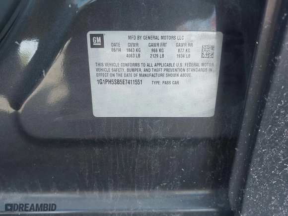 2014 Chevrolet Cruze ECO with VIN 1G1PH5SB5E7411551, listed as a IAAI auction lot 42093893 with 135,984 mi miles. Bid and sale history available at carsss.com. Image 9.