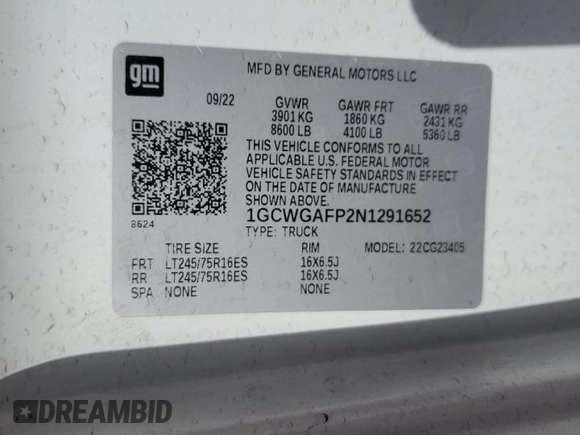 2022 Chevrolet Express Cargo z VIN 1GCWGAFP2N1291652, wystawiony jako Copart lot #63129415 z przebiegiem 51 110 mil mil oraz Szkoda całkowita • Salvage title. Historia ofert i sprzedaży dostępna na DreamBid. Obrazek 14.