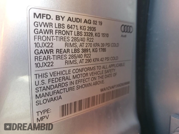 2019 Audi Q8 Prestige with VIN WA1CVAF1XKD026566, listed as a Copart auction lot 48567395 with 49,038 mi miles and Salvage title. Bid and sale history available at DreamBid. Image 15.