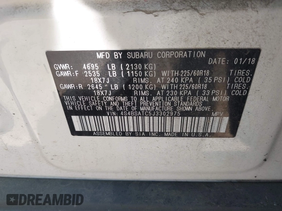 2018 Subaru Outback Touring with VIN 4S4BSATC5J3302975, listed as a IAAI auction lot 42537101 with 85,484 mi miles and . Bid and sale history available at DreamBid. Image 9.