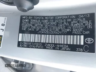 2013 Toyota Prius One with VIN JTDKN3DU2D5629177, listed as a IAAI auction lot 41921772 with 107,478 mi miles. Bid and sale history available at carsss.com. Image 9.
