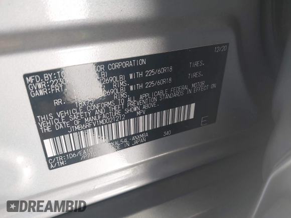 2021 Toyota RAV4 Hybrid LE with VIN JTMB6RFV1MD021212, listed as a IAAI auction lot 42770099 with 39,455 mi miles and . Bid and sale history available at DreamBid. Image 9.