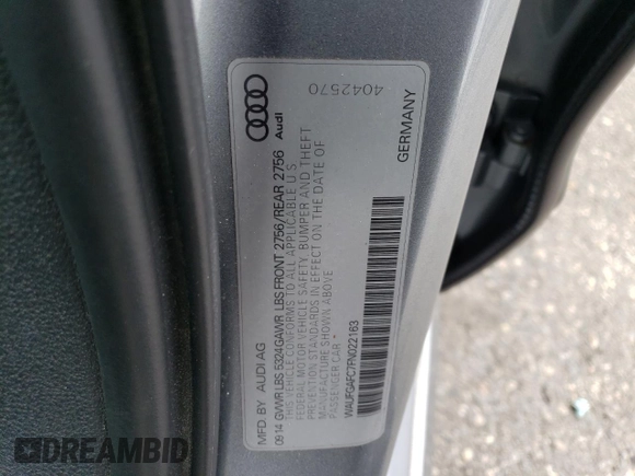 2015 Audi A6 3.0T Premium Plus with VIN WAUFGAFC7FN022163, listed as a Copart auction lot 42444393 with 91,948 mi miles. Bid and sale history available at carsss.com. Image 12.