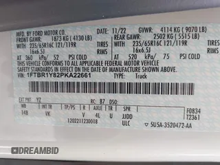 2023 Ford Transit Cargo with VIN 1FTBR1Y82PKA22661, listed as a IAAI auction lot 41768039 with 30,800 mi miles and . Bid and sale history available at DreamBid. Image 9.