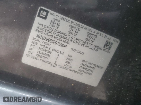 2015 GMC Sierra 1500 SLT with VIN 3GTU2VEC0FG159245, listed as a Copart auction lot 47829735 with 92,614 mi miles and Salvage Title. Bid and sale history available at DreamBid. Image 12.