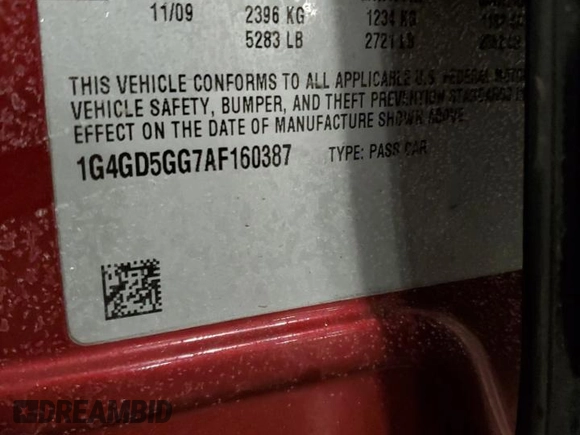 2010 Buick LaCrosse with VIN 1G4GD5GG7AF160387, listed as a Copart auction lot 87262044 with 189,652 mi miles and Salvage title. Bid and sale history available at DreamBid. Image 12.