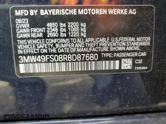 2024 BMW 3 Series M340i with VIN 3MW49FS08R8D87680, listed as a Copart auction lot 48081595 with 6,001 mi miles and Salvage Title. Bid and sale history available at carsss.com. Image 12.