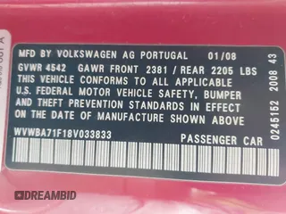 2008 Volkswagen Eos Turbo with VIN WVWBA71F18V033833, listed as a IAAI auction lot 42194305 with 153,543 mi miles and . Bid and sale history available at DreamBid. Image 9.