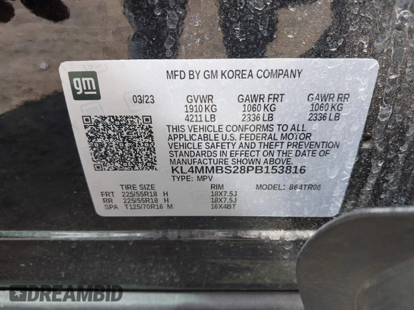 2023 Buick Encore GX Preferred with VIN KL4MMBS28PB153816, listed as a IAAI auction lot 41868337 with 19,605 mi miles and . Bid and sale history available at DreamBid. Image 9.