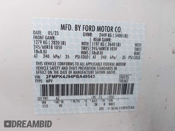2023 Ford Edge SEL with VIN 2FMPK4J94PBA49543, listed as a IAAI auction lot 41919697 with 43,442 mi miles. Bid and sale history available at carsss.com. Image 9.