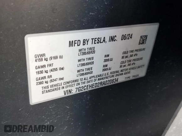 2024 Tesla Cybertruck z VIN 7G2CEHED2RA020834, wystawiony jako Copart lot #73682154 z przebiegiem 9 221 mil mil oraz Szkoda całkowita • Salvage title. Historia ofert i sprzedaży dostępna na DreamBid. Obrazek 14.
